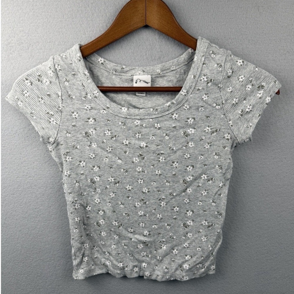 Art Class Girls Gray Floral Ribbed Short Sleeve Crop Top Shirt Size L 10/12